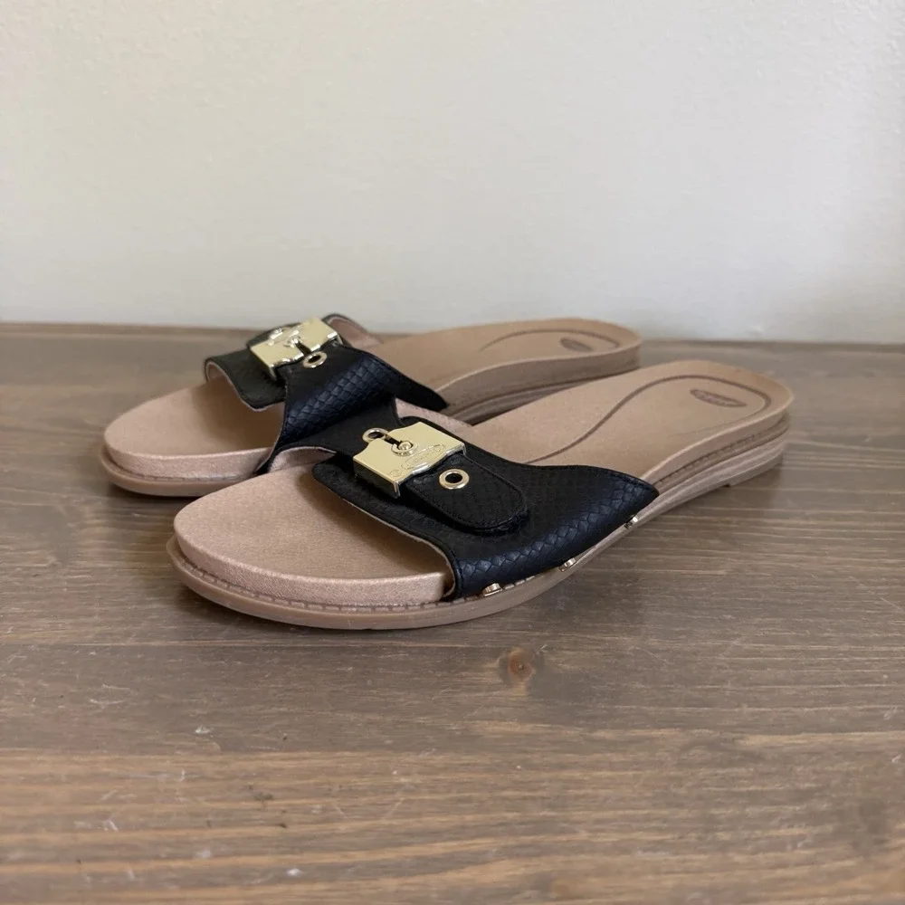 Dr. Scholls Womens 9M Black Gold Buckle Originalist Slip On Slide Sandals Flat